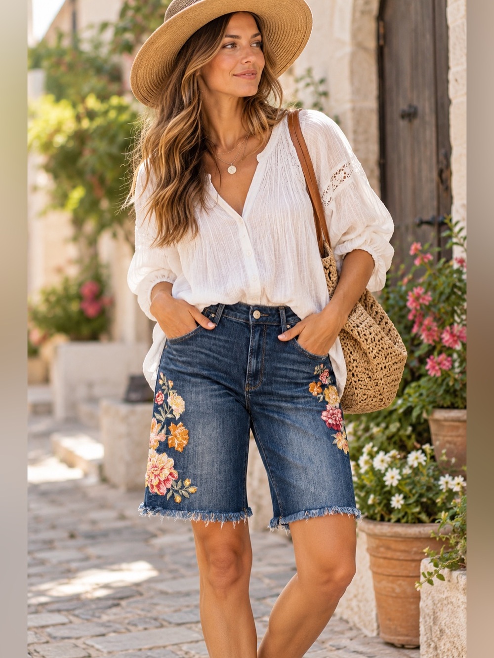 Driftwood Floral Embroidered Bermuda Denim Jean Shorts 30 bohemian Art to wear